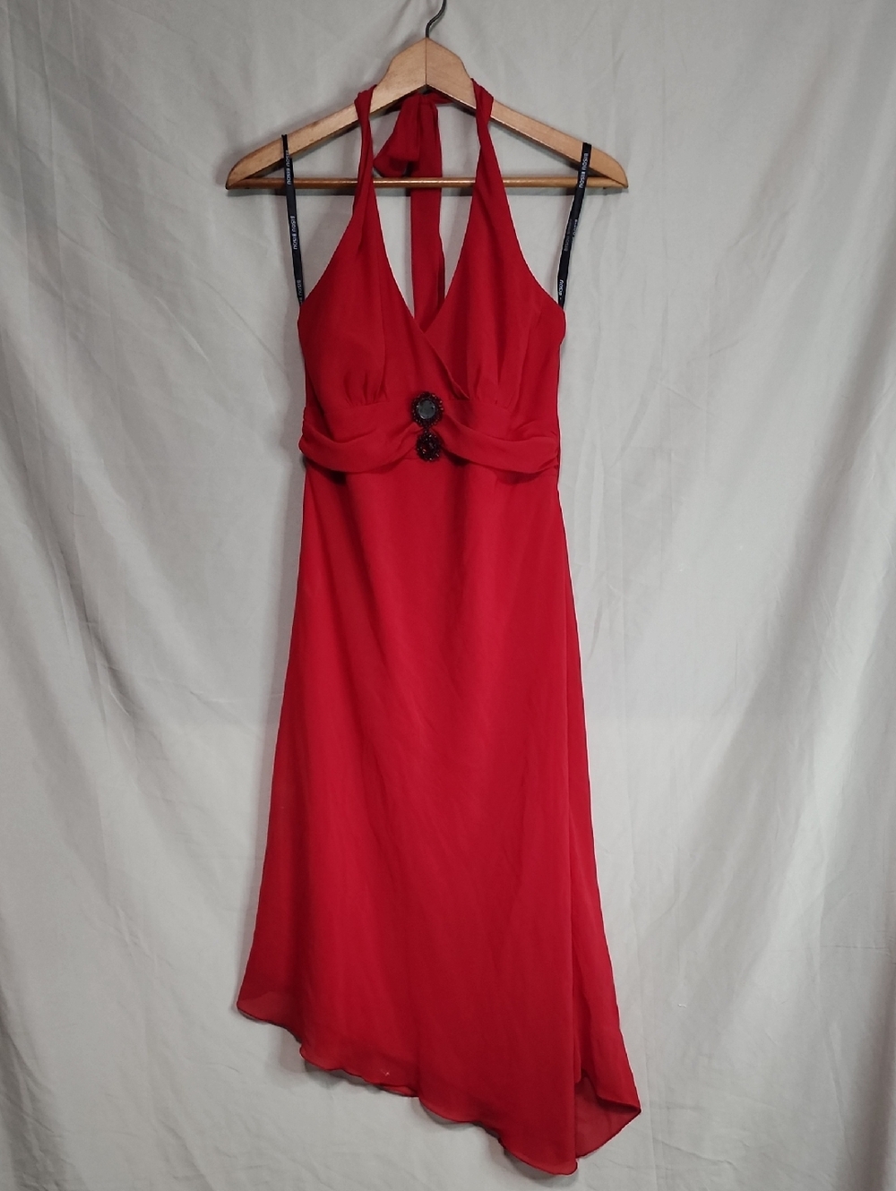 Bisou Bisou Red One-Shoulder Halter Dress with Embellished Waist